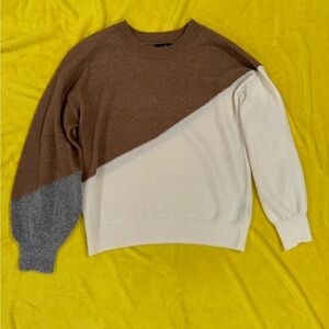 Blu Pepper Color block Balloon Sleeve Sweater | brown, white, gray